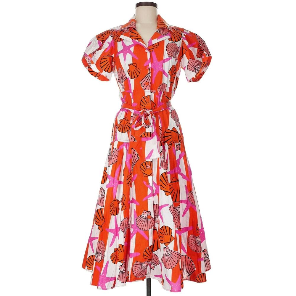 LHD Glades sea shell starfish striped cotton button up belted midi dress Size 8